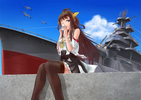 Wallpaper Long Hair Anime Girls Kantai Collection Thigh Highs Battleship Kongou Kancolle