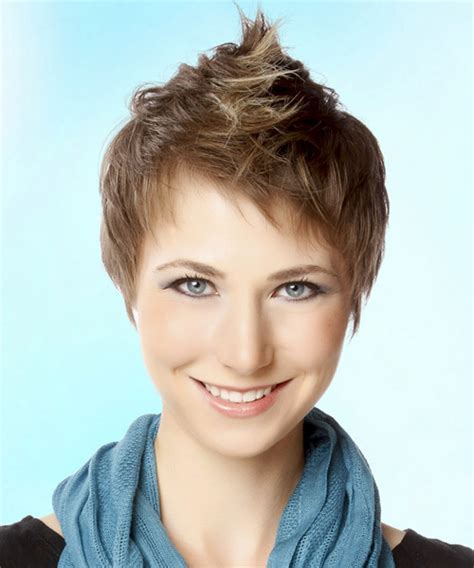 short straight casual layered pixie hairstyle with layered bangs light brunette hair color