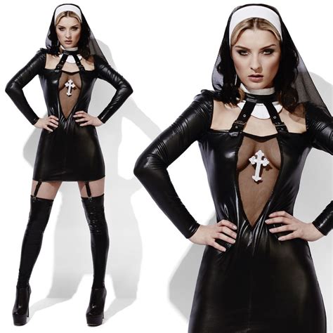Womens Sexy Nun Black Dress Wet Look Fancy Dress Costume Ebay