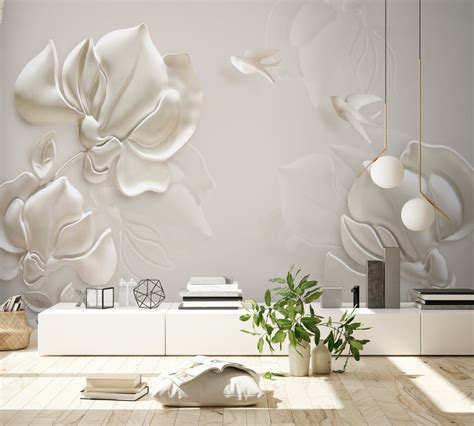 3d Embossed Look Magnolia Floral Art Wallpaper Mural Wallpaper Wallmur