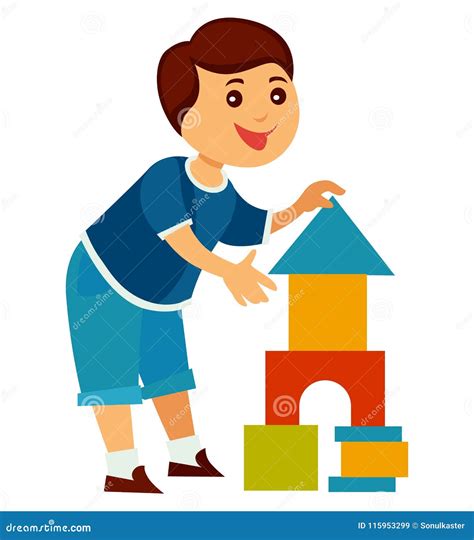Cheerful Child Builds High Tower Of Colorful Blocks Stock Vector