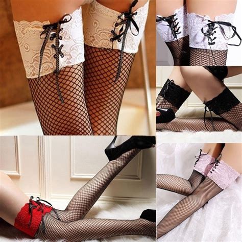 Women Stockings Sheer Straps Lace Fishnet Mesh Top Thigh High Sexy