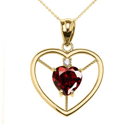Garnet And Diamond Elegant Heart Pendant Necklace In 10k Gold Gold