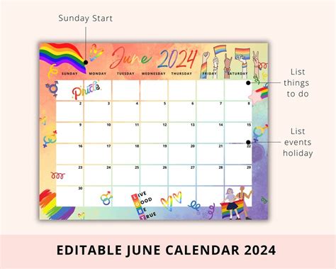 Editable Pride Month 2024 June Calendar 2024 Queer Proud Etsy
