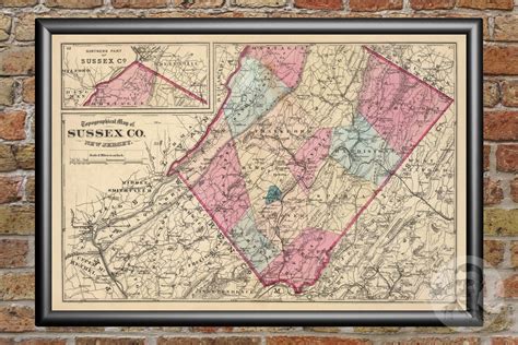 Vintage Sussex County Nj Map 1872 Old New Jersey Map Etsy