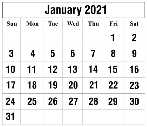 Free January 2021 Printable Calendar Template In Pdf January 2021