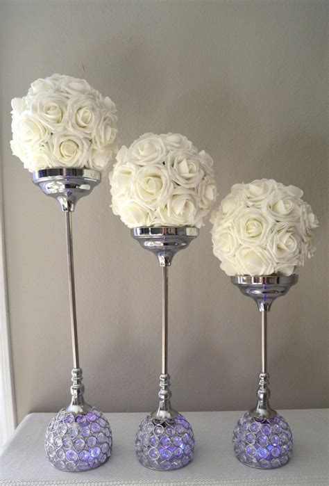 Crystal Candle Holder Set Of 3 Silver Bling Rhinestone Flower Ball
