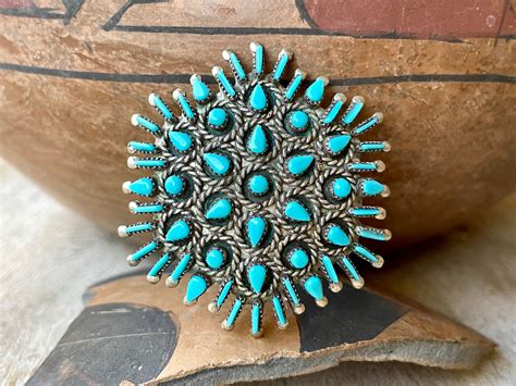 Vintage Turquoise Cluster Pendant Brooch Pin Petit Point Needlepoint