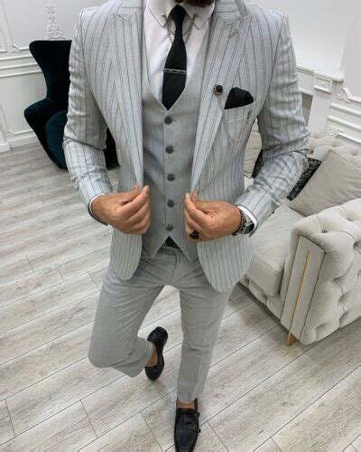 Gray Slim Fit Peak Lapel Pinstripe Suit For Men By Bespokedailyshop