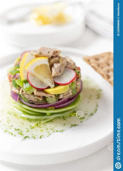 Ceviche Gourmet Plating With Fresh Vegetabes Vertical Image Stock Photo