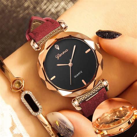geneva elegant temperament women s leather band geneva analog quartz diamond wrist watch