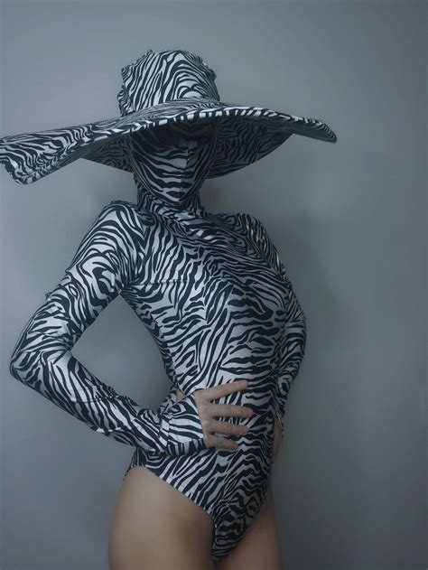 Zebra Pattern Bodysuit With Facekini Hat