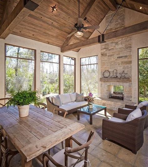 Neutral Sunroom Fire Stone Wood Panelling Beams Traditional