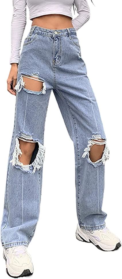 Baggy Ripped Jeans For Women High Waisted Loose Denim Cargo Pants Wide