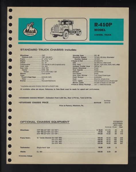 Mack Trucks R 410p Model Specifications Brochure June 1969 1695