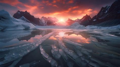 Premium Photo A Sunset Over A Frozen Lake With Mountains In The