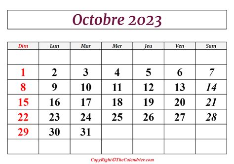 Calendrier Octobre 2023 à Imprimable The Calendrier