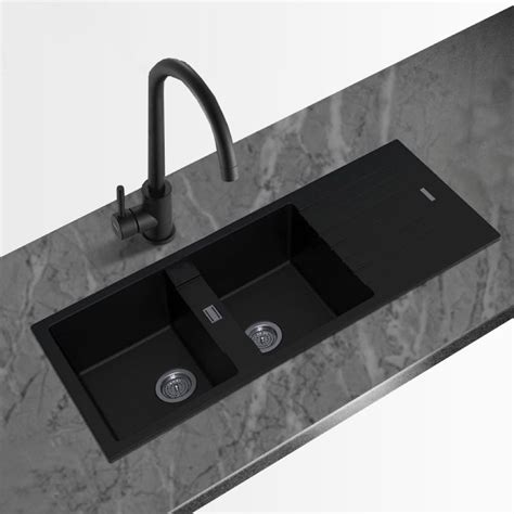 Black Granite Quartz Stone Kitchen Sink Double Bowls Drainboard Top