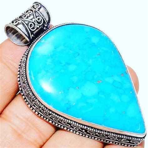 BLUE COPPER TURQUOISE GEMSTONE 925 SILVER VINTAGE STYLE PENDANT In