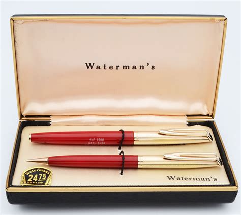 Waterman Cf Fountain Pen Set 1950s Red W Gold Plated Caps 14k
