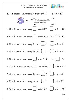 complete division number sentences division maths worksheets  year
