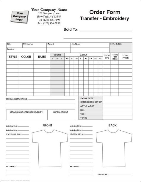 Embroidery Order Form Embroidery Form Order Form T Shirt Design