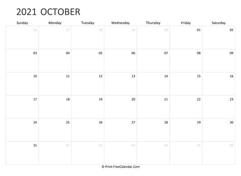Editable October Calendar 2021 Landscape Layout