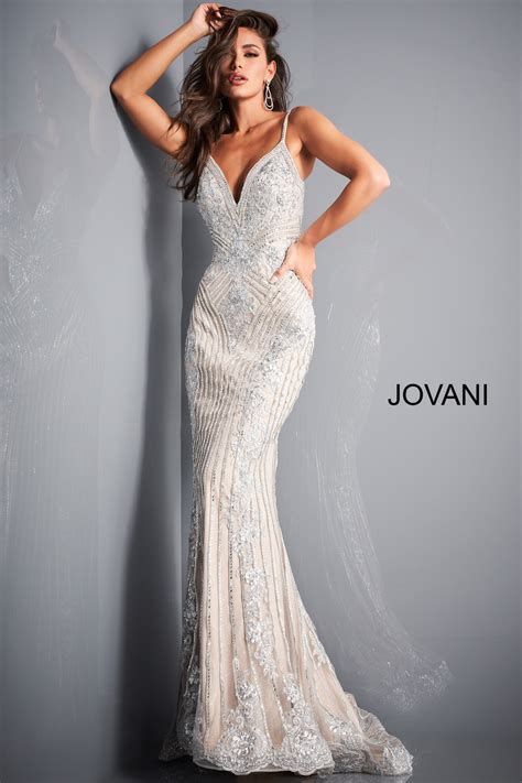 Jovani 05752 Silver Nude Embellished Sheath Prom Dress