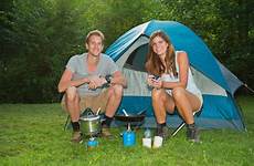 camping couple tent stock