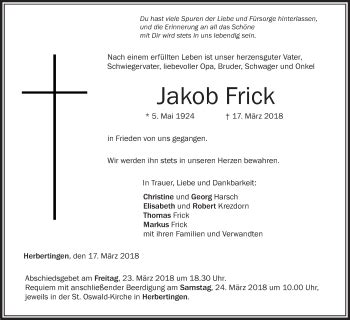 Traueranzeigen Von Jakob Frick Schwaebische De Trauerportal