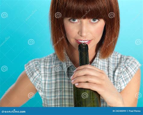 Young Woman Drinking Wine From The Bottle Stock Image Image Of Home