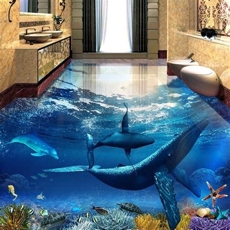 Underwater Whale And Dolphin Self Adhesive Floor Mural Custom Sizes