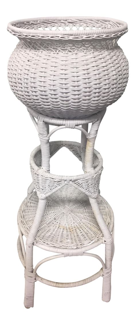 Plant stand trio for indoor/outdoor use: Vintage White Wicker Plant Stand | Chairish