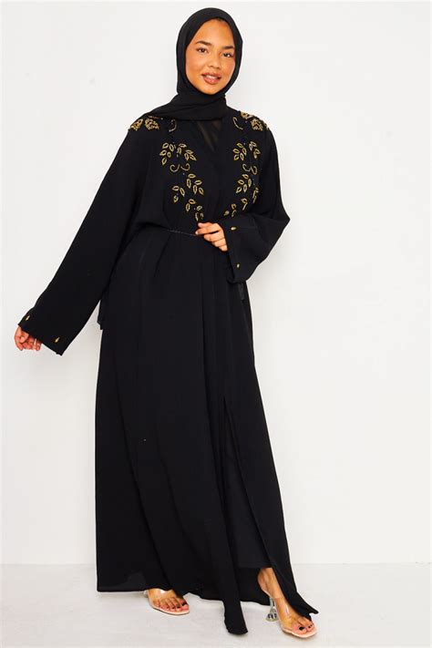 abaya ceinturée noire à perles voile brentiny paris