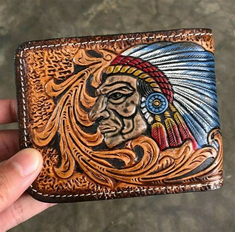 Carved Leather Wallet Indigenous Chief Carved Wallet Bifold Etsy