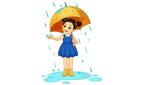 Jolie Petite Fille Avec Parapluie Profitant De La Pluie Vecteur Premium
