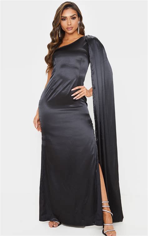 Black Drape Sleeve Satin Maxi Dress Dresses Prettylittlething