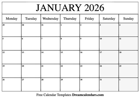 January 2026 Calendar Free Blank Printable With Holidays