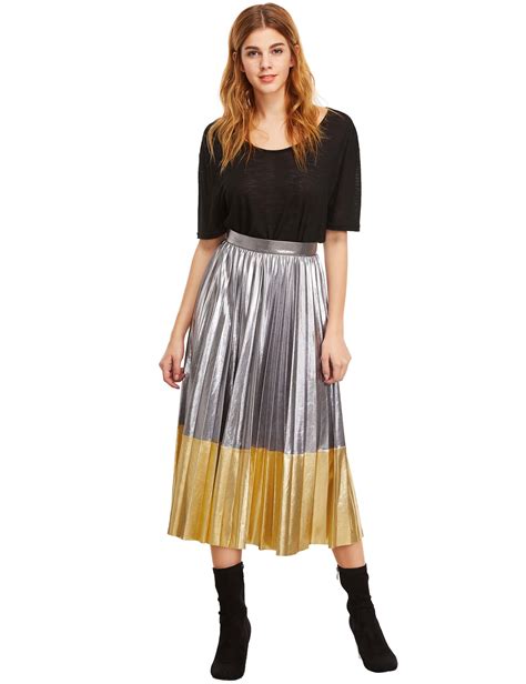 Metallic Contrast Pleated Midi Skirt Sheinsheinside