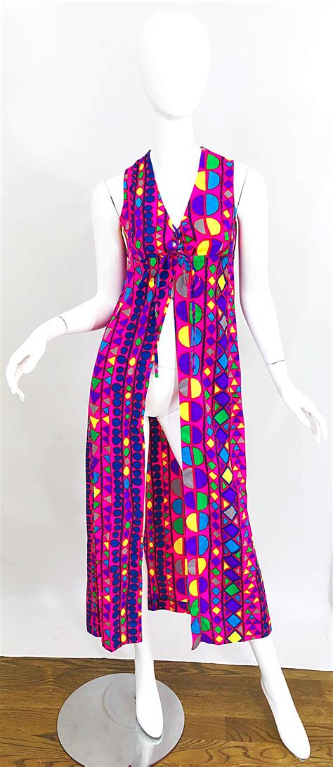amazing 1970s joseph magnin vibrant colorful abstract mosaic vest 70s maxi dress for sale at