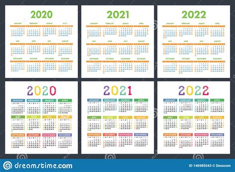 Calendar 2020 2021 2022 Years Pocket Calender Colorful Set Week