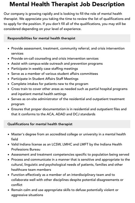 Mental Health Therapist Job Description Velvet Jobs