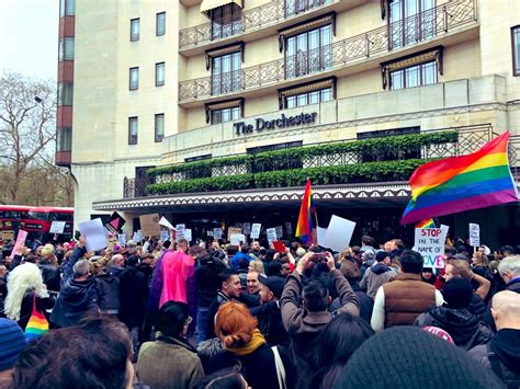 protesters gather outside london s dorchester to denounce brunei s anti lgbt laws