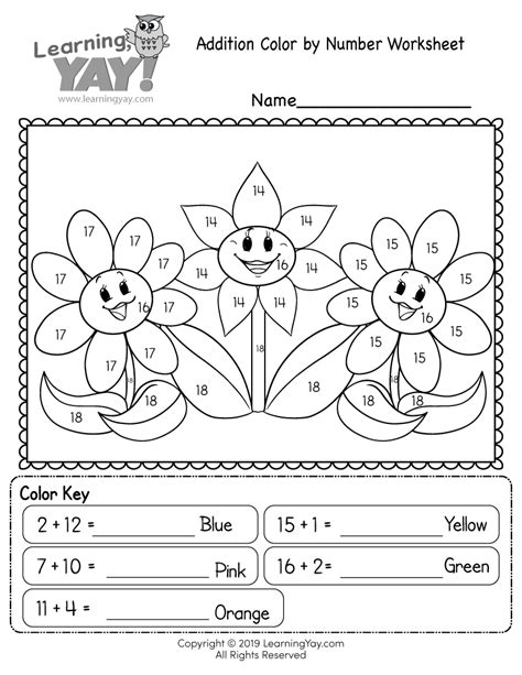 Addition Color By Number Worksheet For 1st Grade Free Printable