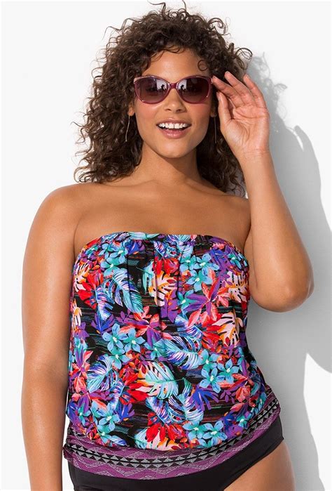 The elastic gathers at the top and bottom of this tankini provide secure style. Plus Size Maui Bandeau Blouson Tankini Top