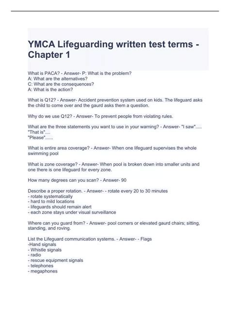 YMCA Lifeguarding written test terms - Chapter 1 Questions and Answers
