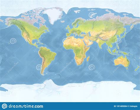 Natural Colored Topographic World Map With Hand Drawn Shaded Relief