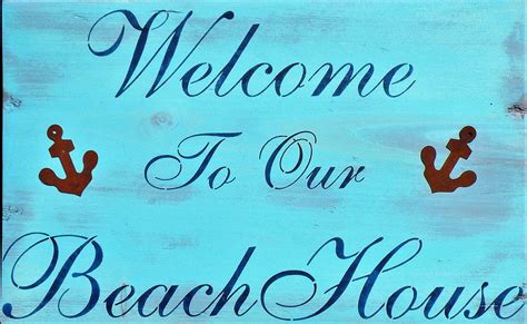 Welcome To Our Beach House Rustic Wood Sign Distressed Vintage Aqua