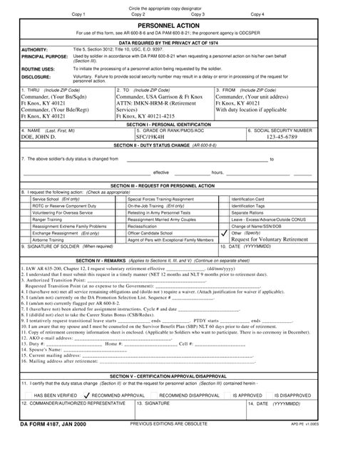 Fillable Da Form 4187 Jan 2000 Printable Forms Free Online
