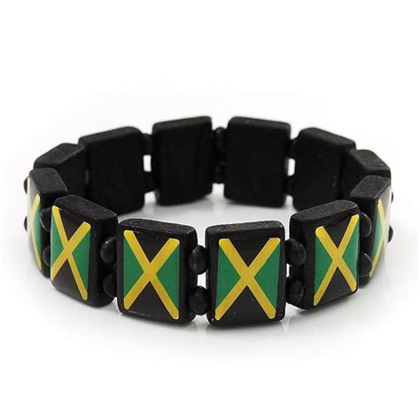 Black Wooden Jamaica Flag Stretch Bracelet Up To 20cm Length Uk Jewellery
